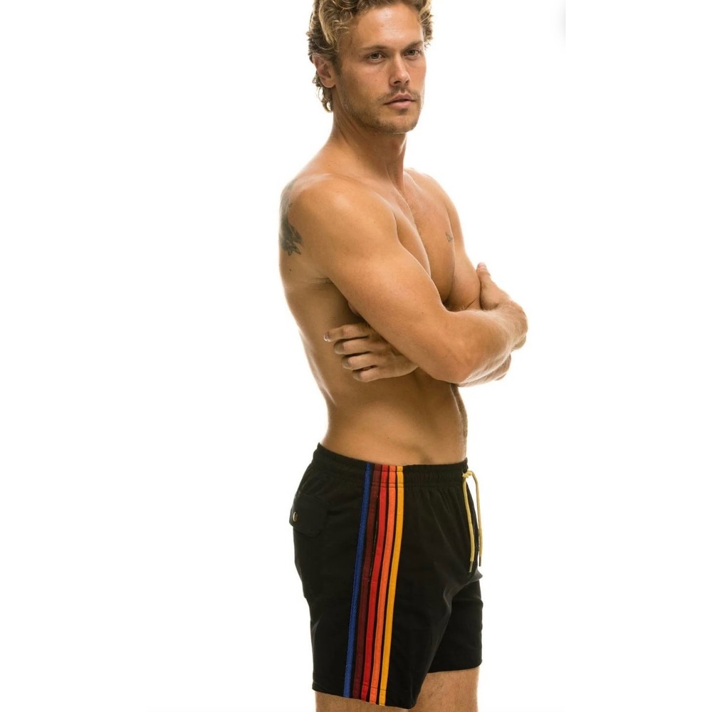 Aviator Nation 5 Stripe Flex Shorts Mens 30 Black Retro Gorpcore Beach Vacation